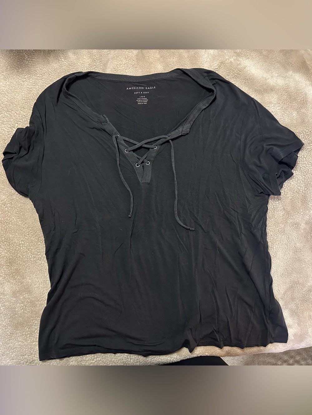 American Eagle Outfitters Black Short Sleeve Lace-Up Tee